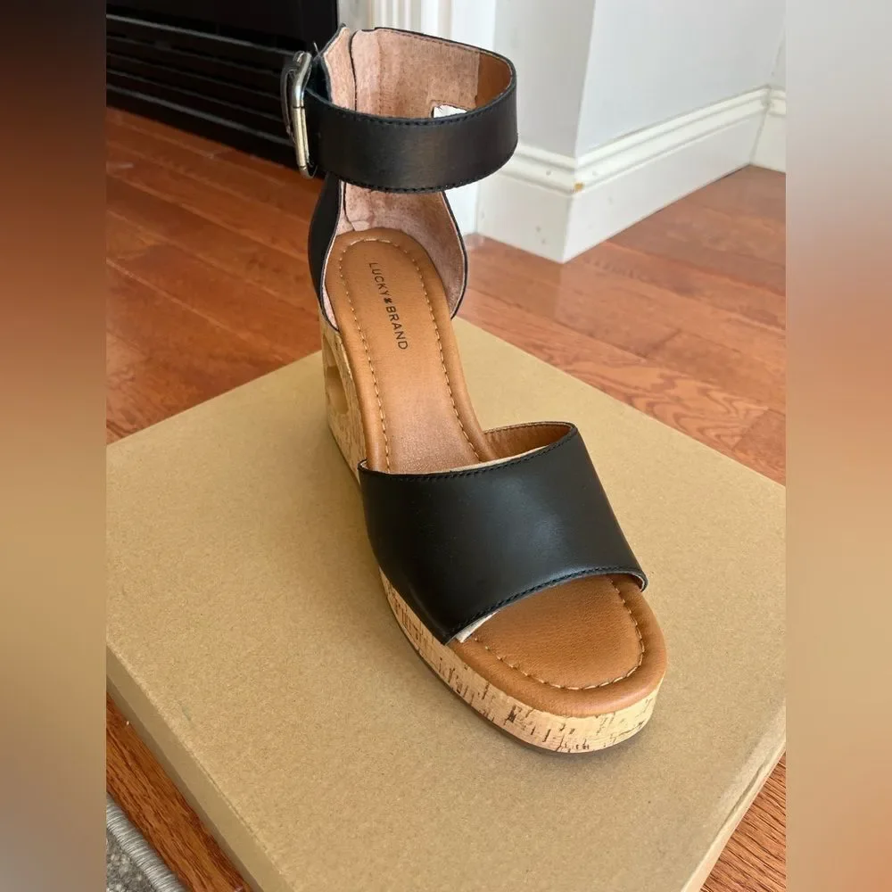 NWT LUCKY‎ BRAND HIMMY HEART BLACK WEDGE SANDAL WEDGES WOMENS NEW IN BOX